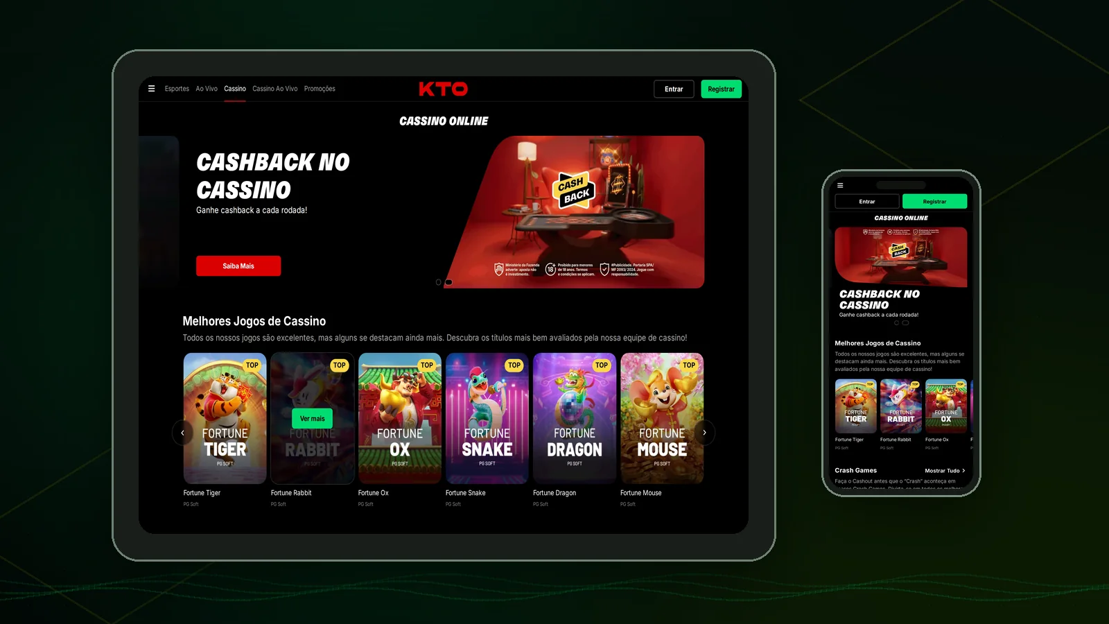 Tela inicial de um cassino online brasileiro no tablet e no celular, com promoção de cashback e catálogo de jogos